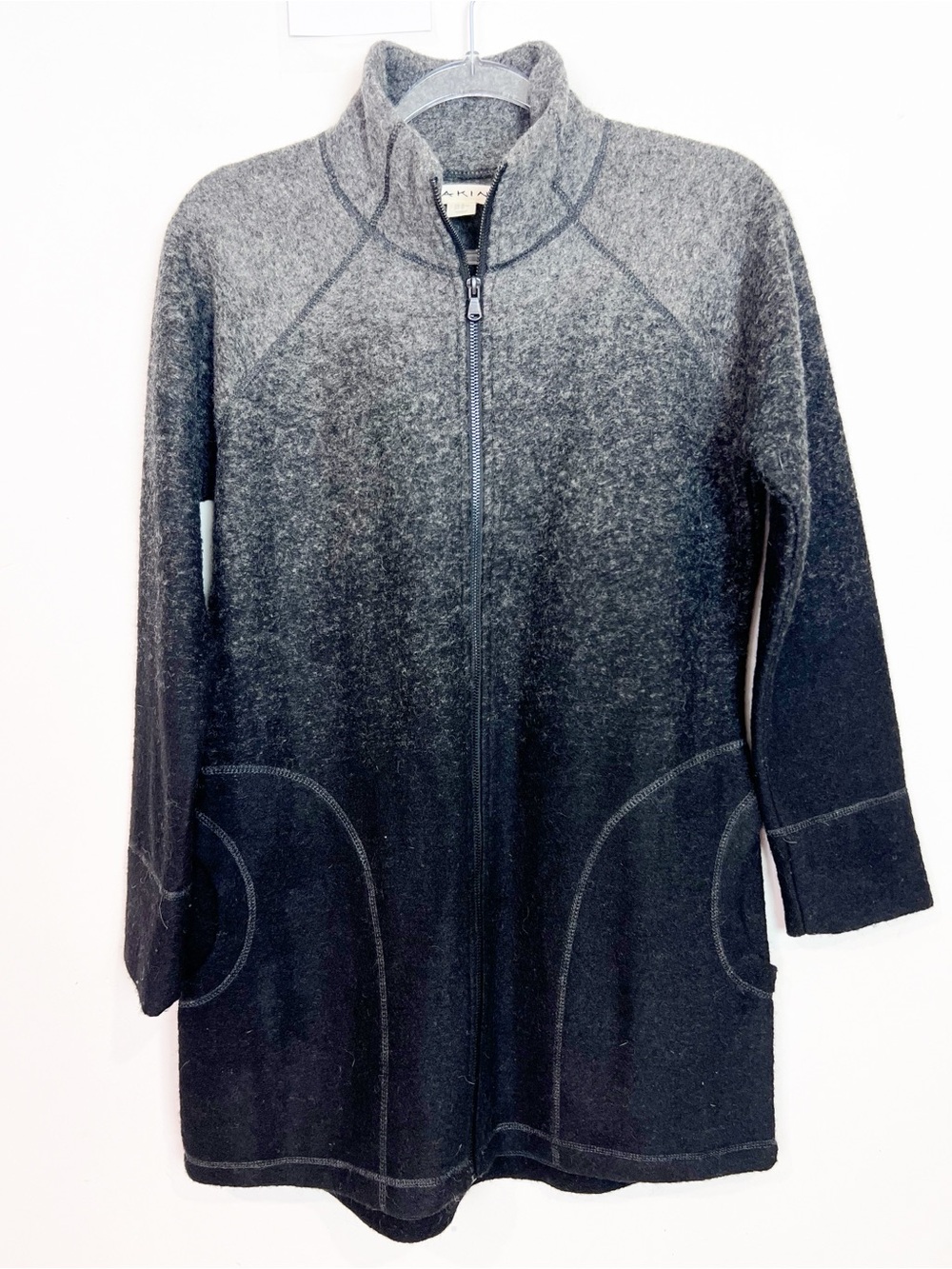 AKINI GRAY BLACK OMBRE ZIP FRONT BOILED WOOL JACKET SZ MEDIUM